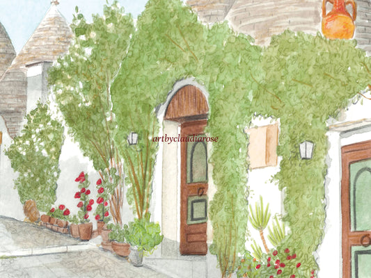 Alberobello Art Print, Puglia, Hilltop Rione Monti, Italy, Travel Watercolour Painting