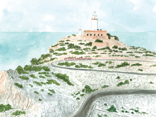 Mallorca, Cap de Formentor Lighthouse, Travel Art Print, Watercolour Painting