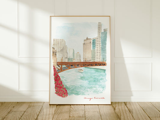 Chicago Art Print, Riverwalk, Illinois, USA, Travel Watercolour Painting