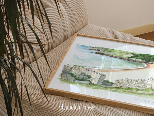 Barafundle Bay Art Print, Wales, Pembrokeshire, Travel Watercolour Painting