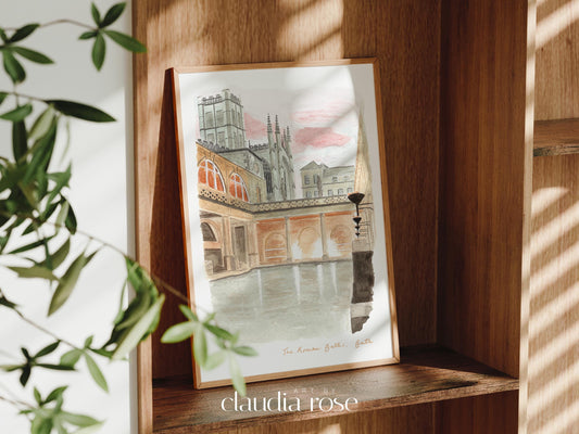Bath Art Print, The Roman Baths, England, Travel Watercolour Painting