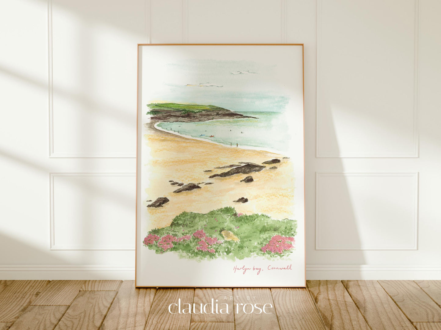 Cornwall Art Print, Harlyn Bay, Padstow, England, Travel Watercolour Painting