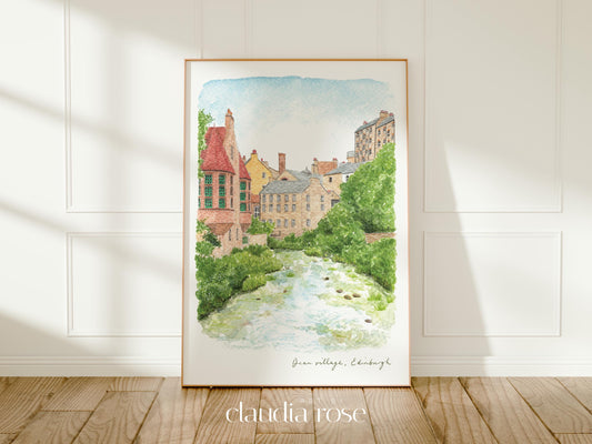 Edinburgh Art Print, Dean Village, Water of Leith, Scotland, Travel Watercolour Painting