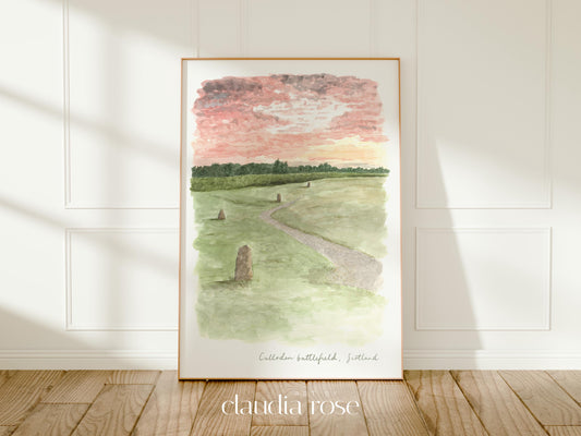 Scottish Highlands Art Print, Culloden Battlefield, Scotland, Travel Watercolour Painting