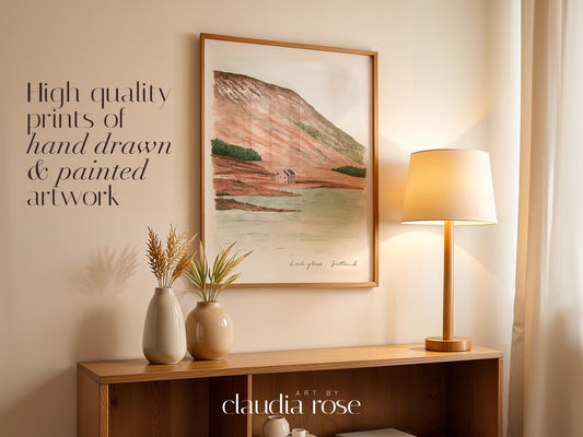 Loch Glass Art Print, Pink House, Scottish Highlands, Scotland, Travel Watercolour Painting