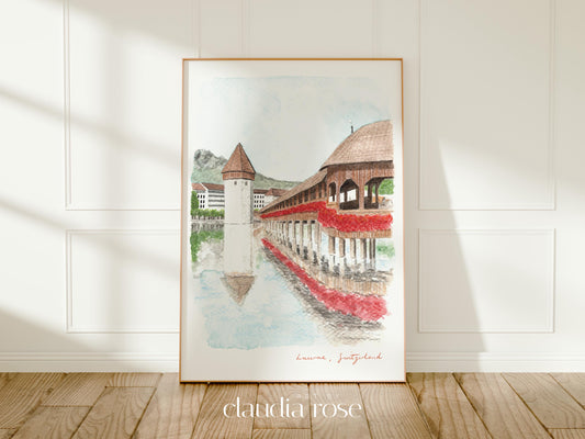 Lucerne Art Print, Switzerland, Chapel Bridge, Travel Watercolour Painting
