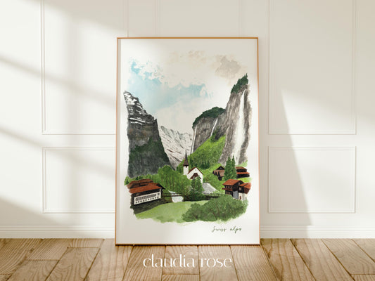 Swiss Alps Art Print, Lauterbrunnen, Switzerland, Travel Watercolour Painting