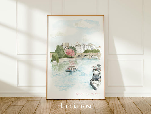 River Seine Art Print, Paris, Pont Neuf, France, Travel Watercolour Painting
