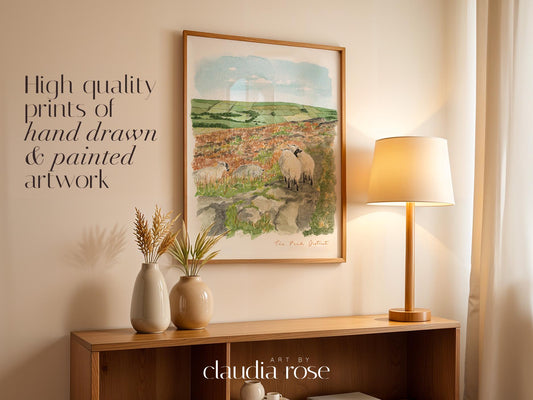 Peak District Art Print, Derbyshire, Staffordshire, England, Travel Watercolour Painting