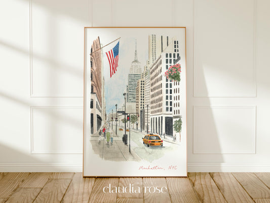 Manhattan Art Print, Empire State Building, New York City, USA, Travel Watercolour Painting