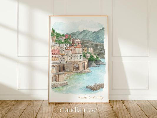 Amalfi Coast Art Print, Sorrentine, Italy, Travel Watercolour Painting