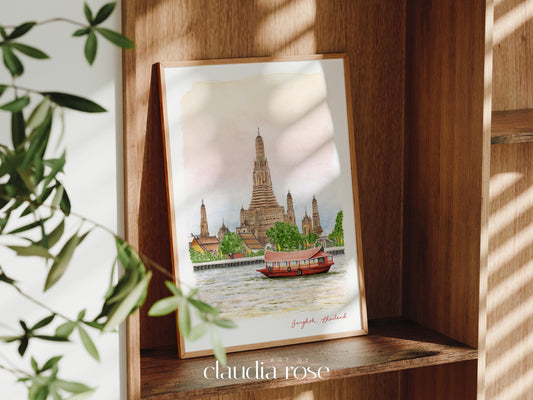 Bangkok Art Print, Thailand, Wat Arun Temple, Travel Watercolour Painting
