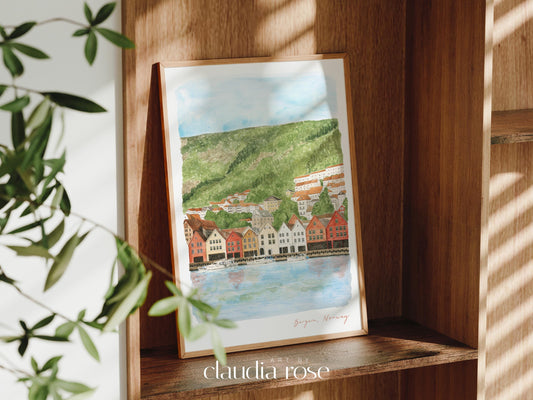 Norway Art Print, Bergen, Bryggen Wharf, Travel Watercolour Painting