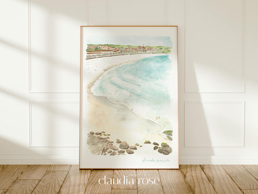Bondi Beach Art Print, Sydney, Australia, Travel Watercolour Painting