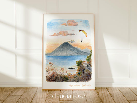 Guatemala Art Print, Lago Atitlán, USA, Travel Watercolour Painting