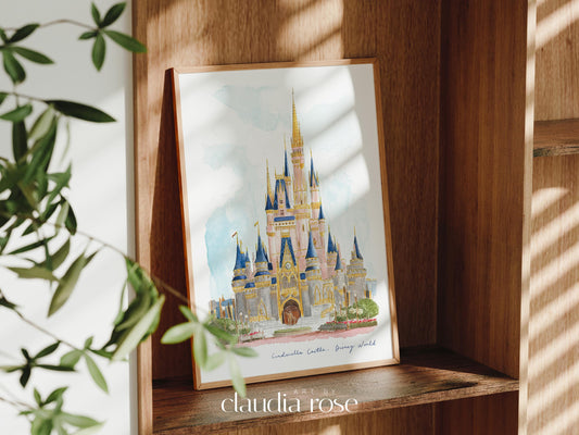 Walt Disney World Art Print, Florida USA, Cinderella Castle, Travel Watercolour Painting