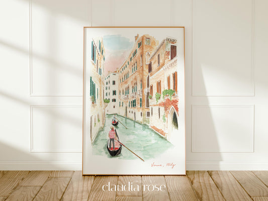 Venice Art Print, Rialto Bridge, Gondola Ride, Italy, Travel Watercolour Painting