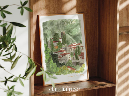 Tuscany Art Print, Barga, Tuscan Hills, Italy, Travel Watercolour Painting