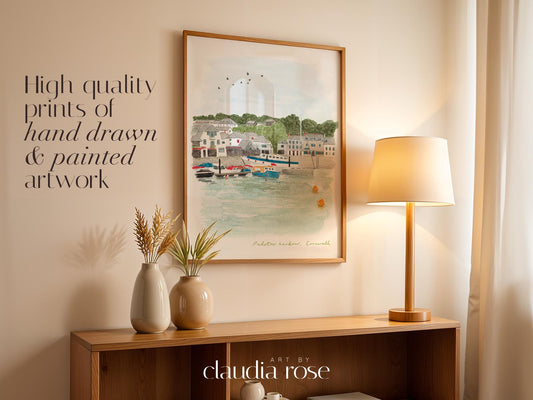 Padstow Harbour Art Print, Cornwall, River Camel, England, Travel Watercolour Painting