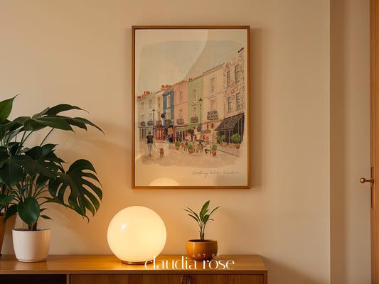 Notting Hill Art Print, London, Portobello Road Market, England, Travel Watercolour Painting