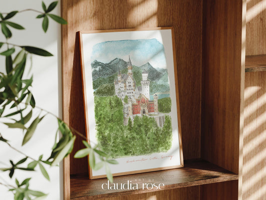 Neuschwanstein Castle Art Print, Germany, Travel Watercolour Painting