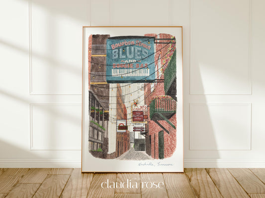 Nashville Art Print, Printer's Alley, Tennessee, USA, Travel Watercolour Painting