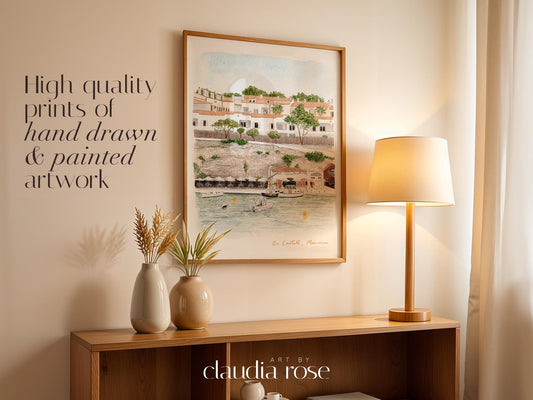 Menorca Art Print, Es Castell Harbour, Balearic Islands, Travel Watercolour Painting