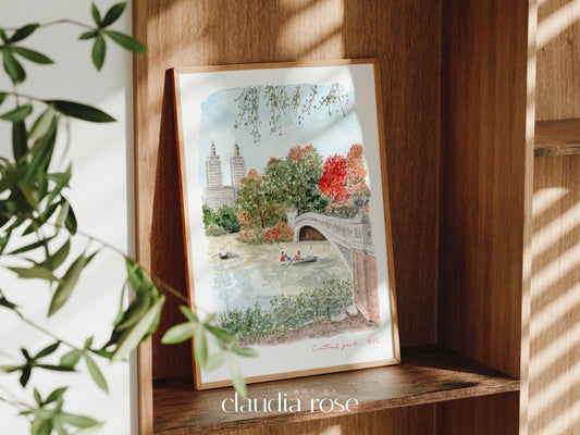 Central Park Art Print, New York City USA, Bow Bridge & The Lake, Travel Watercolour Painting