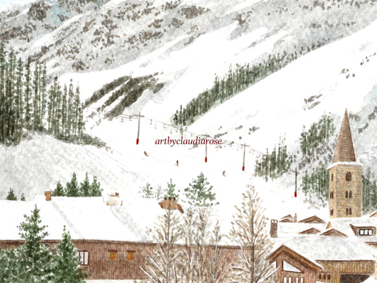French Alps Art Print, Val d'Isere Ski Resort, France, Travel Watercolour Painting