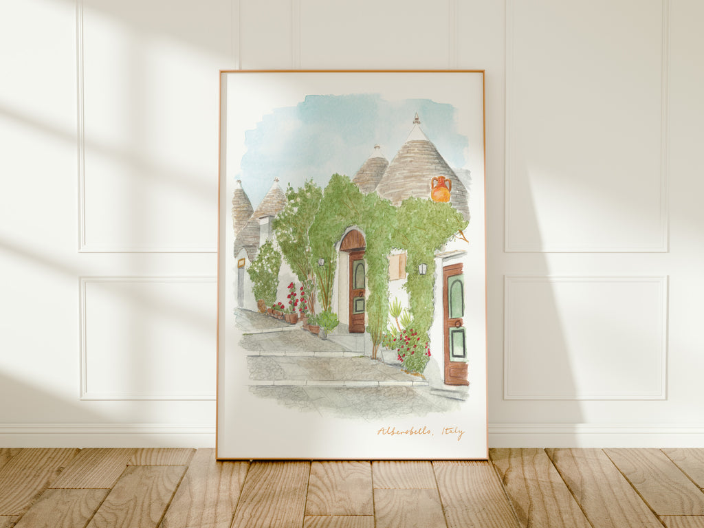 Alberobello Art Print, Puglia, Hilltop Rione Monti, Italy, Travel Watercolour Painting
