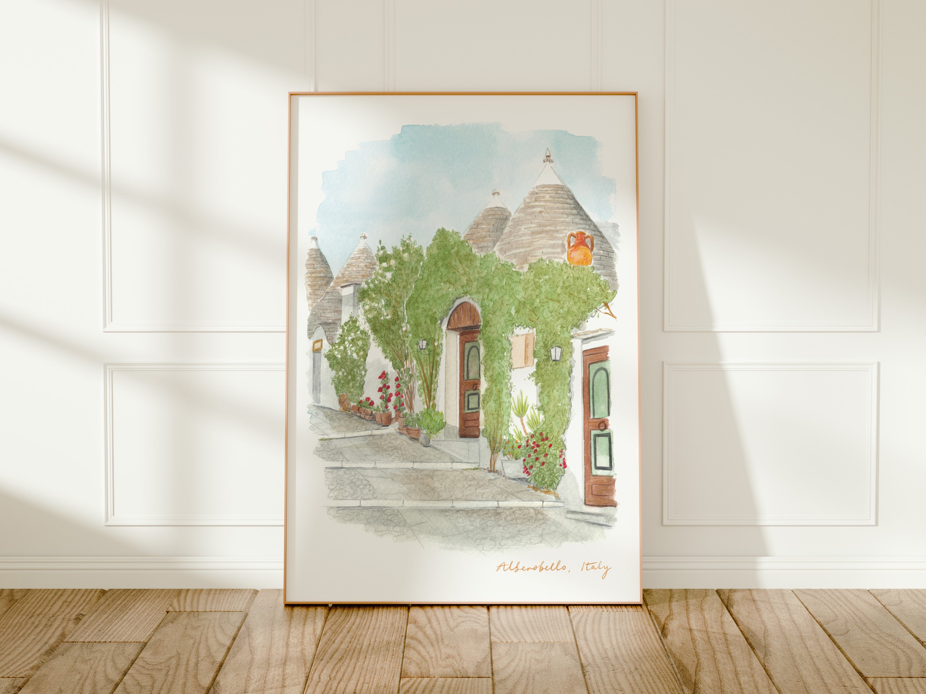 Alberobello Art Print, Puglia, Hilltop Rione Monti, Italy, Travel Watercolour Painting