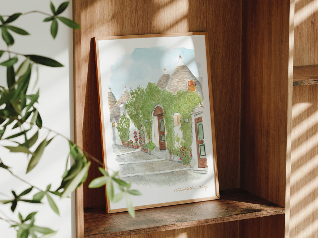 Alberobello Art Print, Puglia, Hilltop Rione Monti, Italy, Travel Watercolour Painting