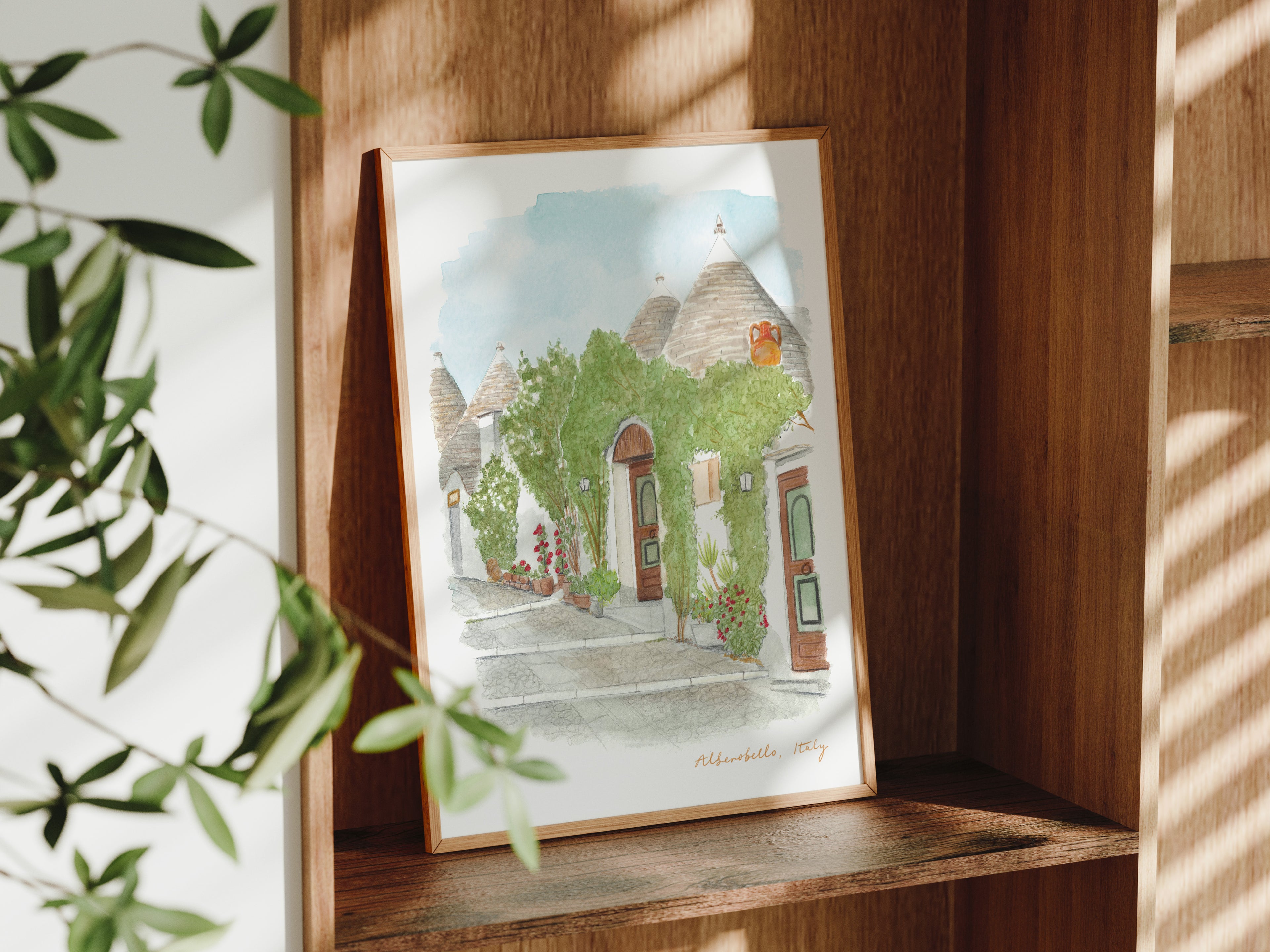 Alberobello Art Print, Puglia, Hilltop Rione Monti, Italy, Travel Watercolour Painting