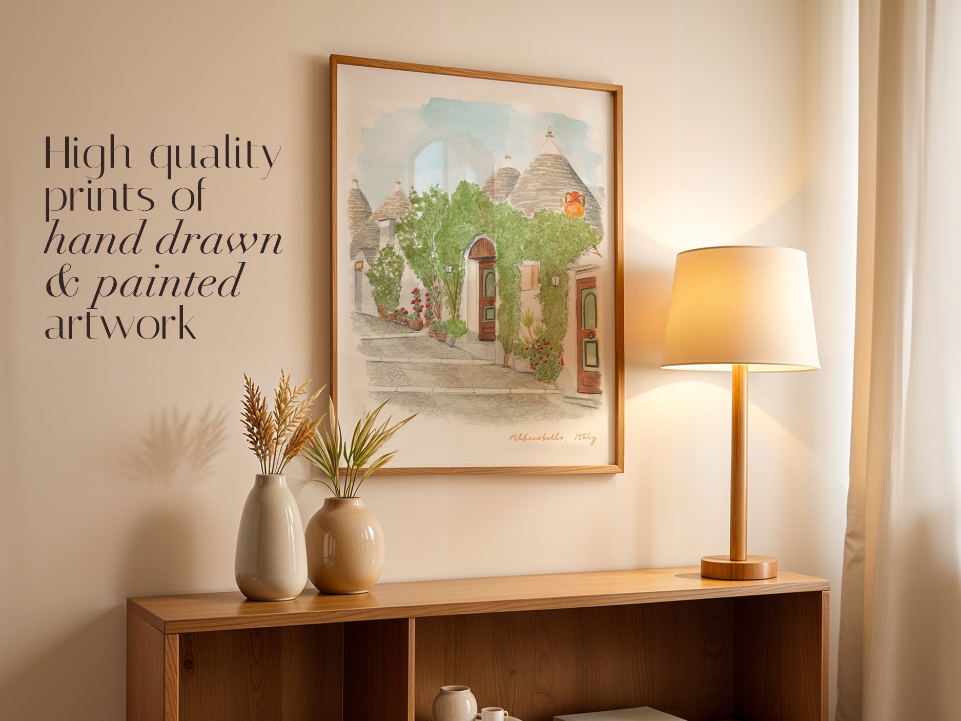 Alberobello Art Print, Puglia, Hilltop Rione Monti, Italy, Travel Watercolour Painting