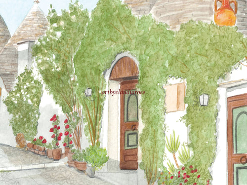 Alberobello Art Print, Puglia, Hilltop Rione Monti, Italy, Travel Watercolour Painting