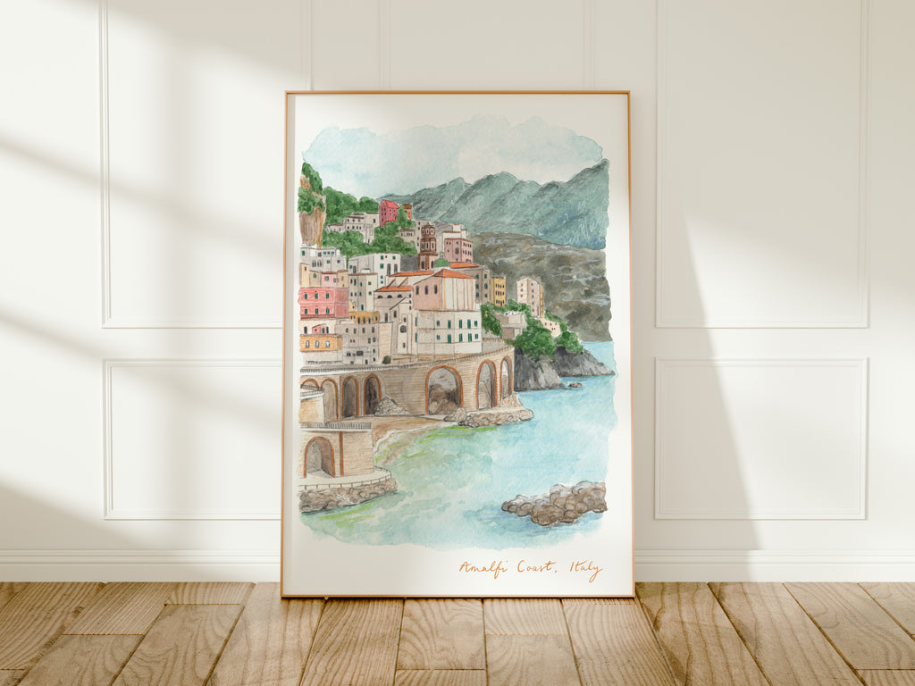 Amalfi Coast Art Print, Sorrentine, Italy, Travel Watercolour Painting