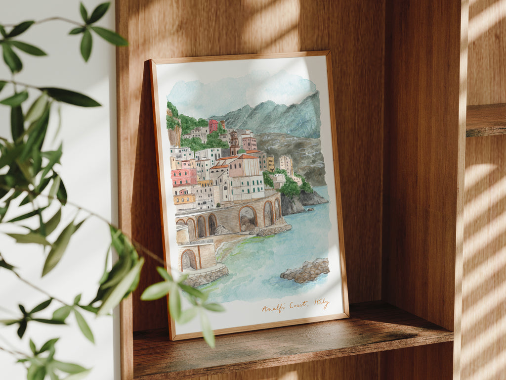 Amalfi Coast Art Print, Sorrentine, Italy, Travel Watercolour Painting