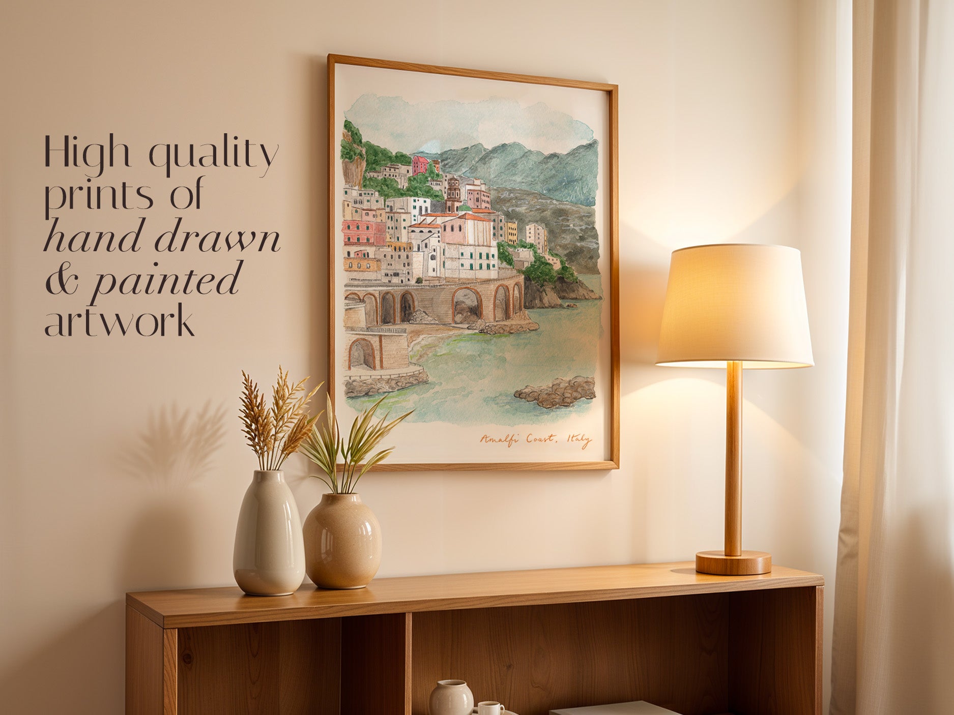 Amalfi Coast Art Print, Sorrentine, Italy, Travel Watercolour Painting