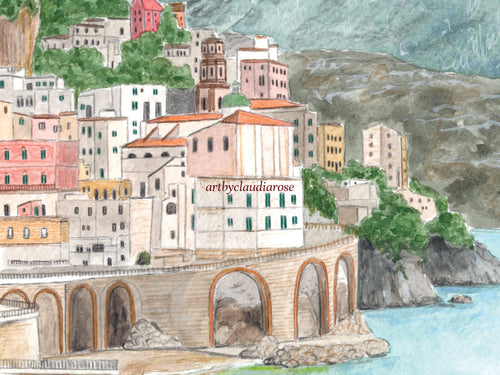 Amalfi Coast Art Print, Sorrentine, Italy, Travel Watercolour Painting