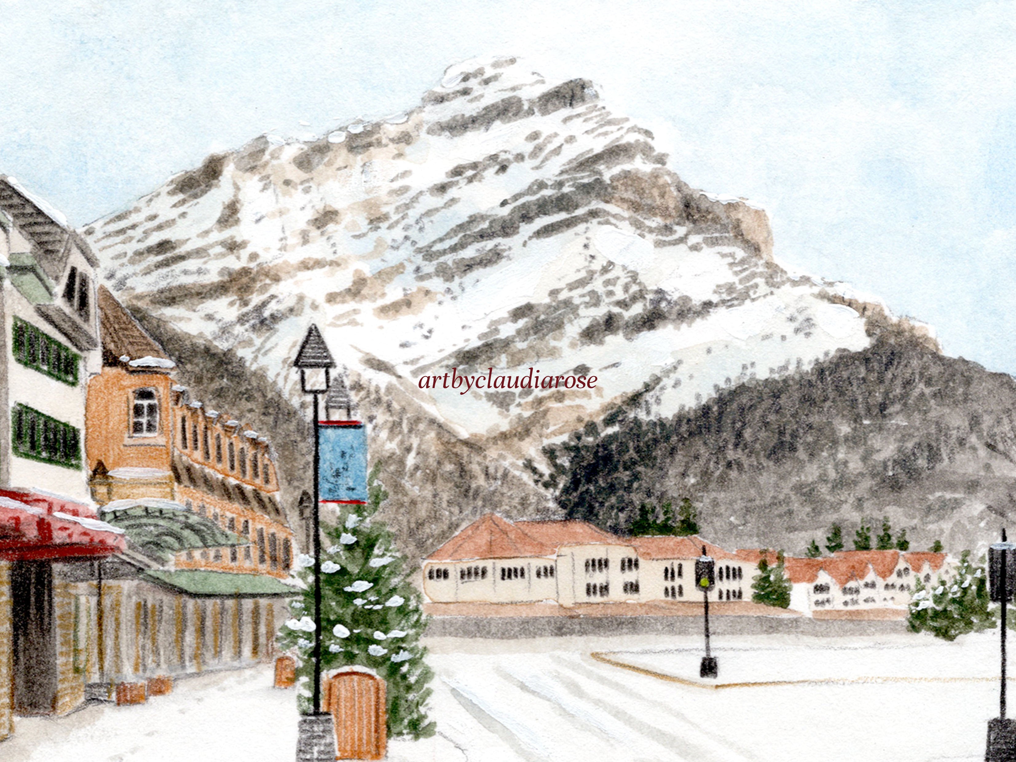 Canada Art Print, Banff, Alberta, North America, Travel Watercolour Painting