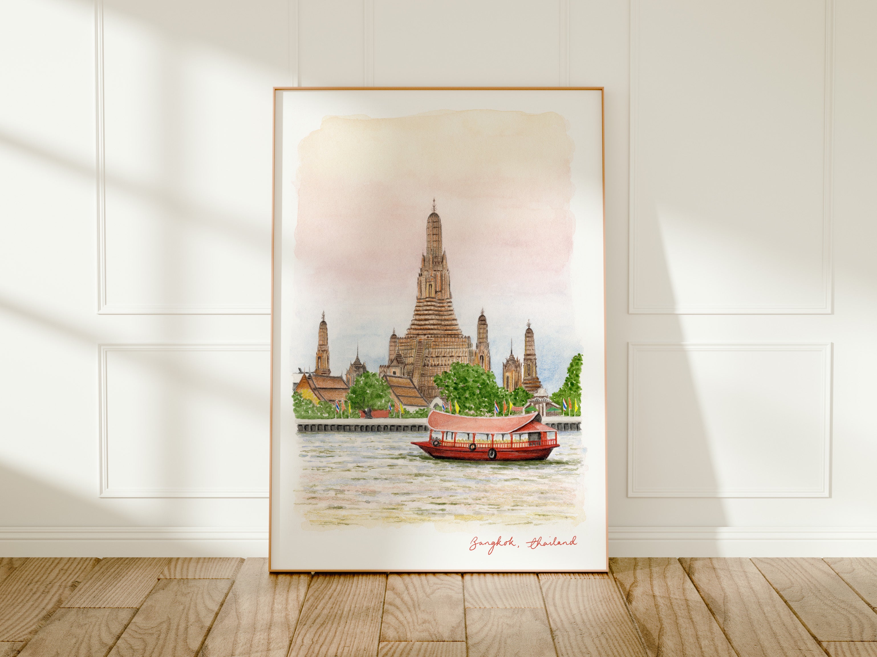 Bangkok Art Print, Thailand, Wat Arun Temple, Travel Watercolour Painting