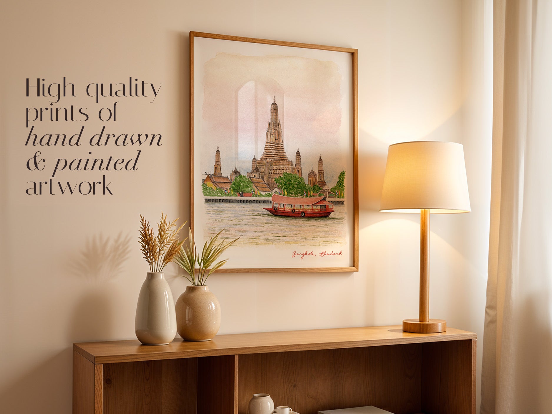 Bangkok Art Print, Thailand, Wat Arun Temple, Travel Watercolour Painting