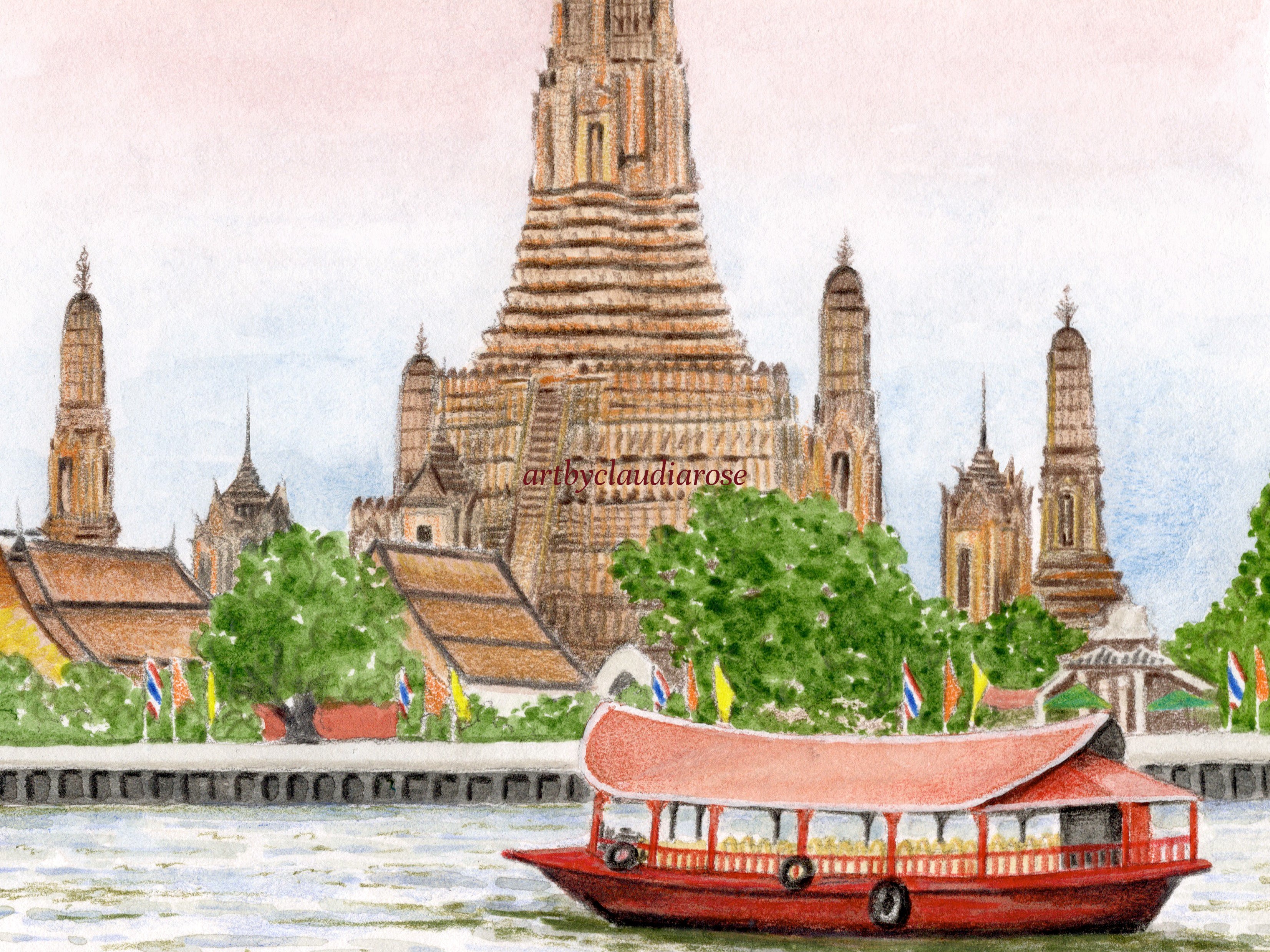 Bangkok Art Print, Thailand, Wat Arun Temple, Travel Watercolour Painting