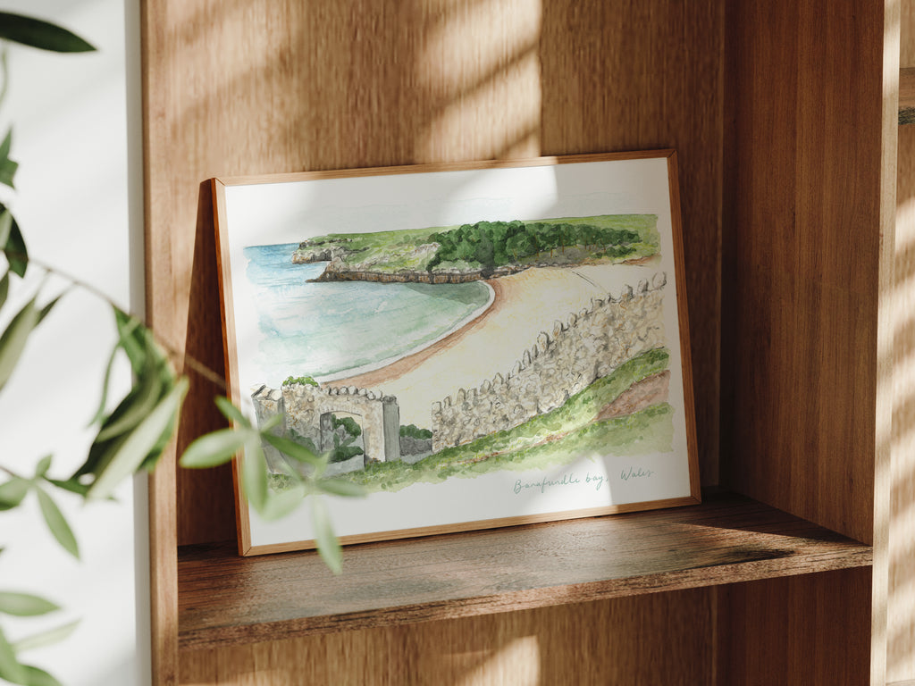 Barafundle Bay Art Print, Wales, Pembrokeshire, Travel Watercolour Painting