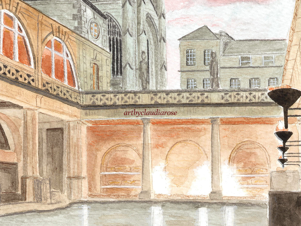 Bath Art Print, The Roman Baths, England, Travel Watercolour Painting