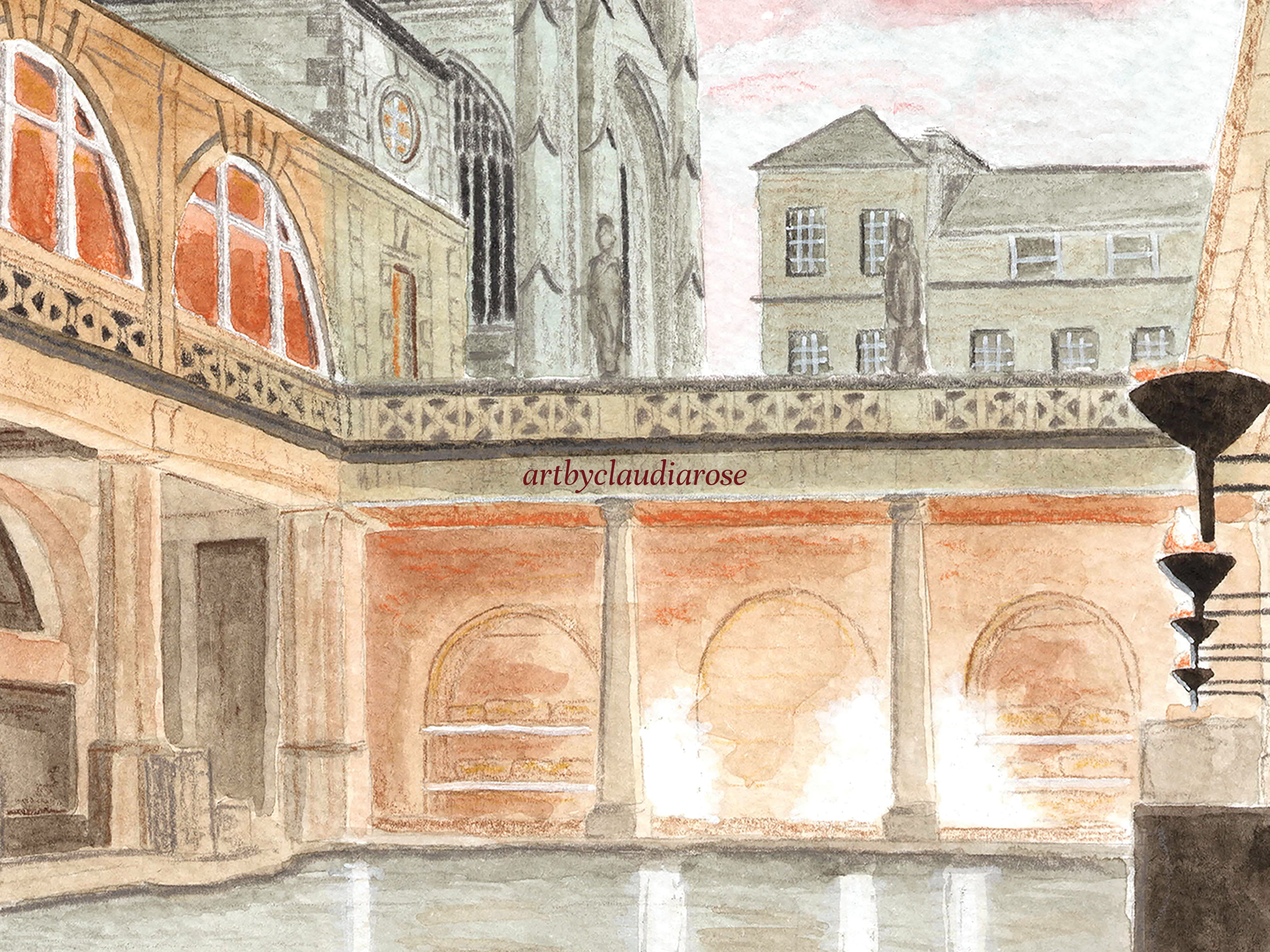 Bath Art Print, The Roman Baths, England, Travel Watercolour Painting