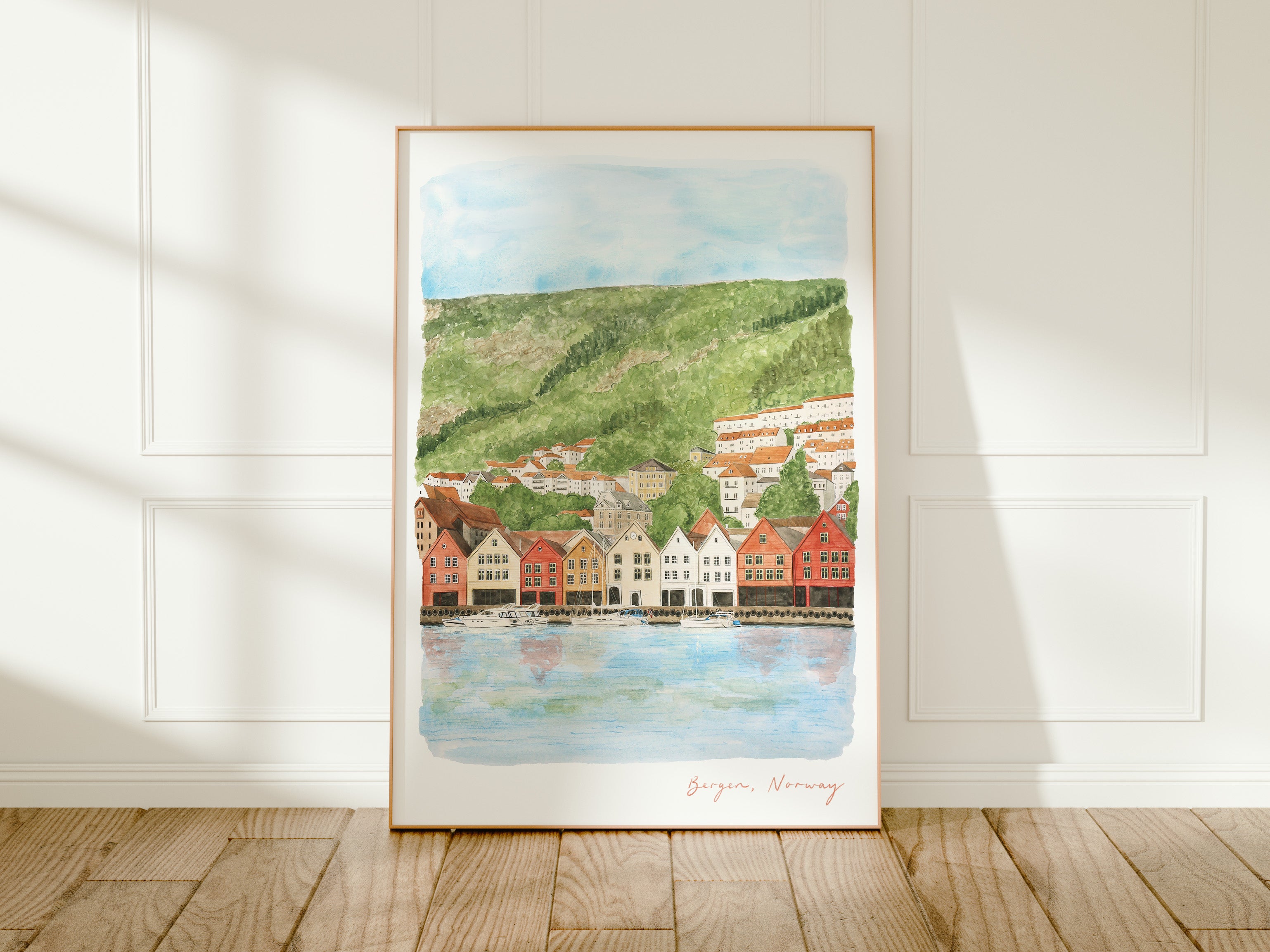 Norway Art Print, Bergen, Bryggen Wharf, Travel Watercolour Painting