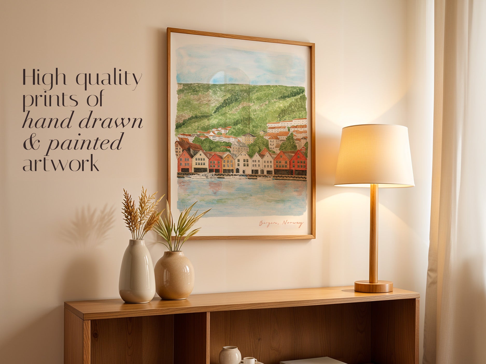 Norway Art Print, Bergen, Bryggen Wharf, Travel Watercolour Painting