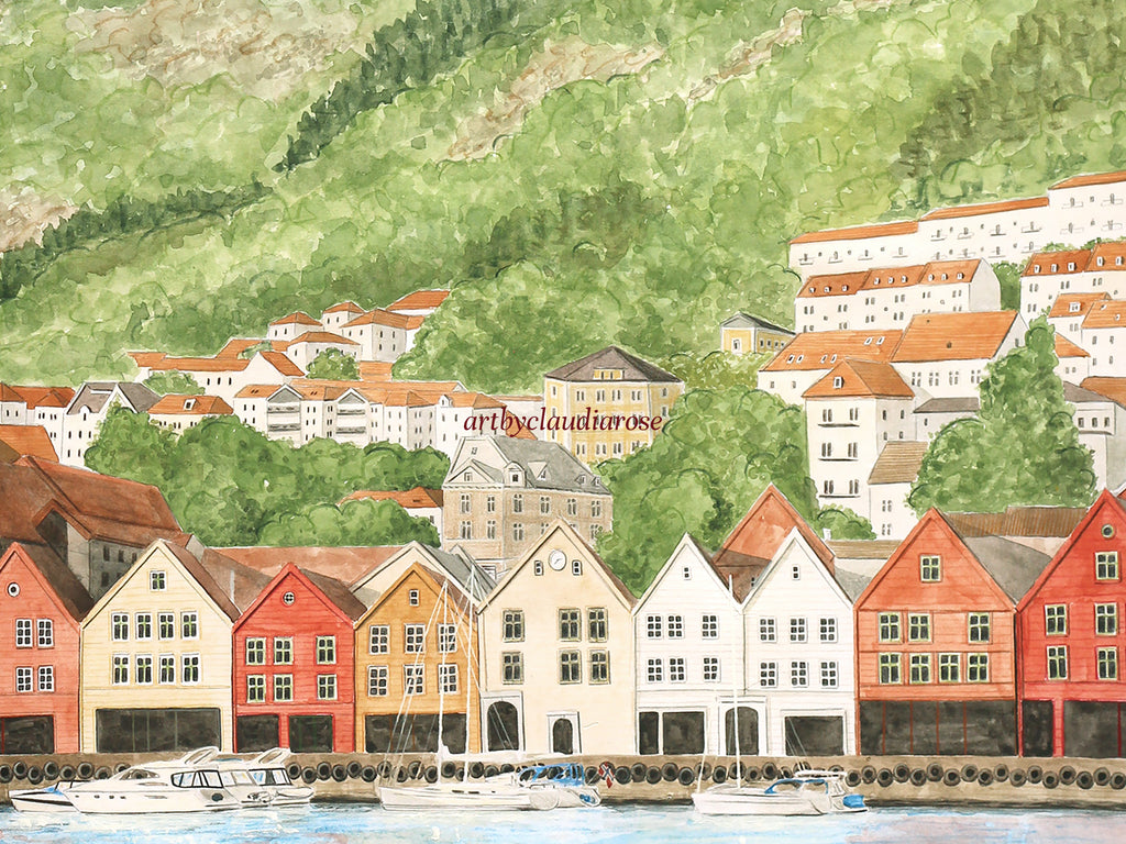 Norway Art Print, Bergen, Bryggen Wharf, Travel Watercolour Painting