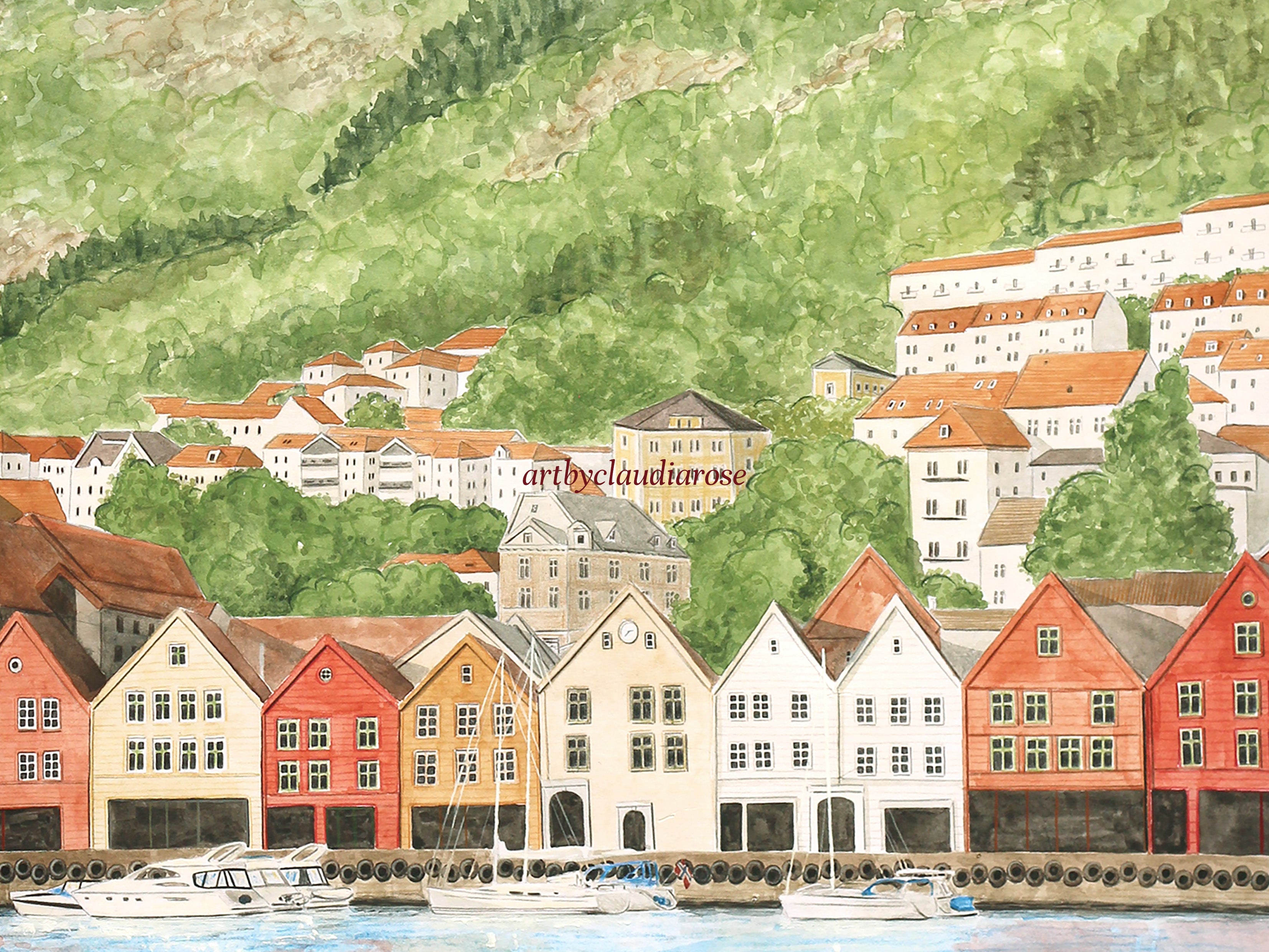Norway Art Print, Bergen, Bryggen Wharf, Travel Watercolour Painting